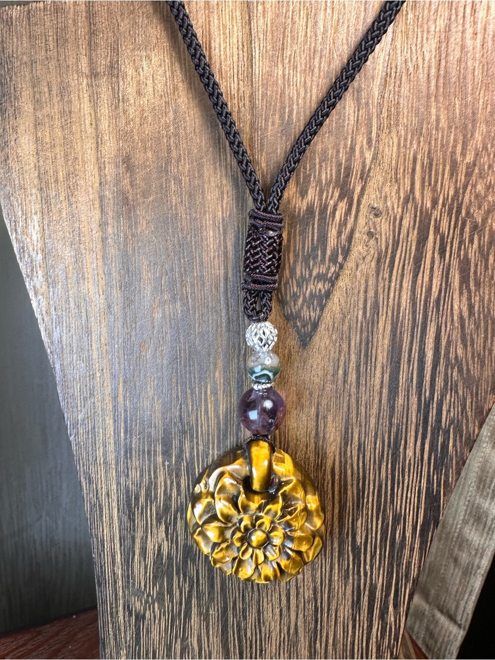 Tiger’s Eye Flower Pendant Necklace with Amethyst and Agate on Brown Rope - Picture 12 of 14